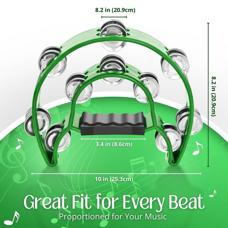 Flexzion Tambourine Metal Half Moon Musical Instruments Double Row Metal Jingles Hand Held Instruments Percussion with Ergonomic Handle Grip, Tambourines for Adults, 2 Packs - Green - Image 4